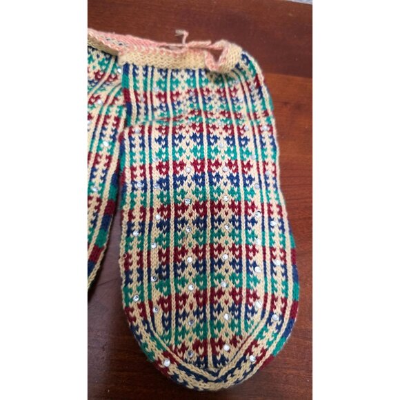 Ethnic Turkmen Hand-Knitted Multicolor Striped Woolen Socks With Sequin Detailin - Picture 2 of 5